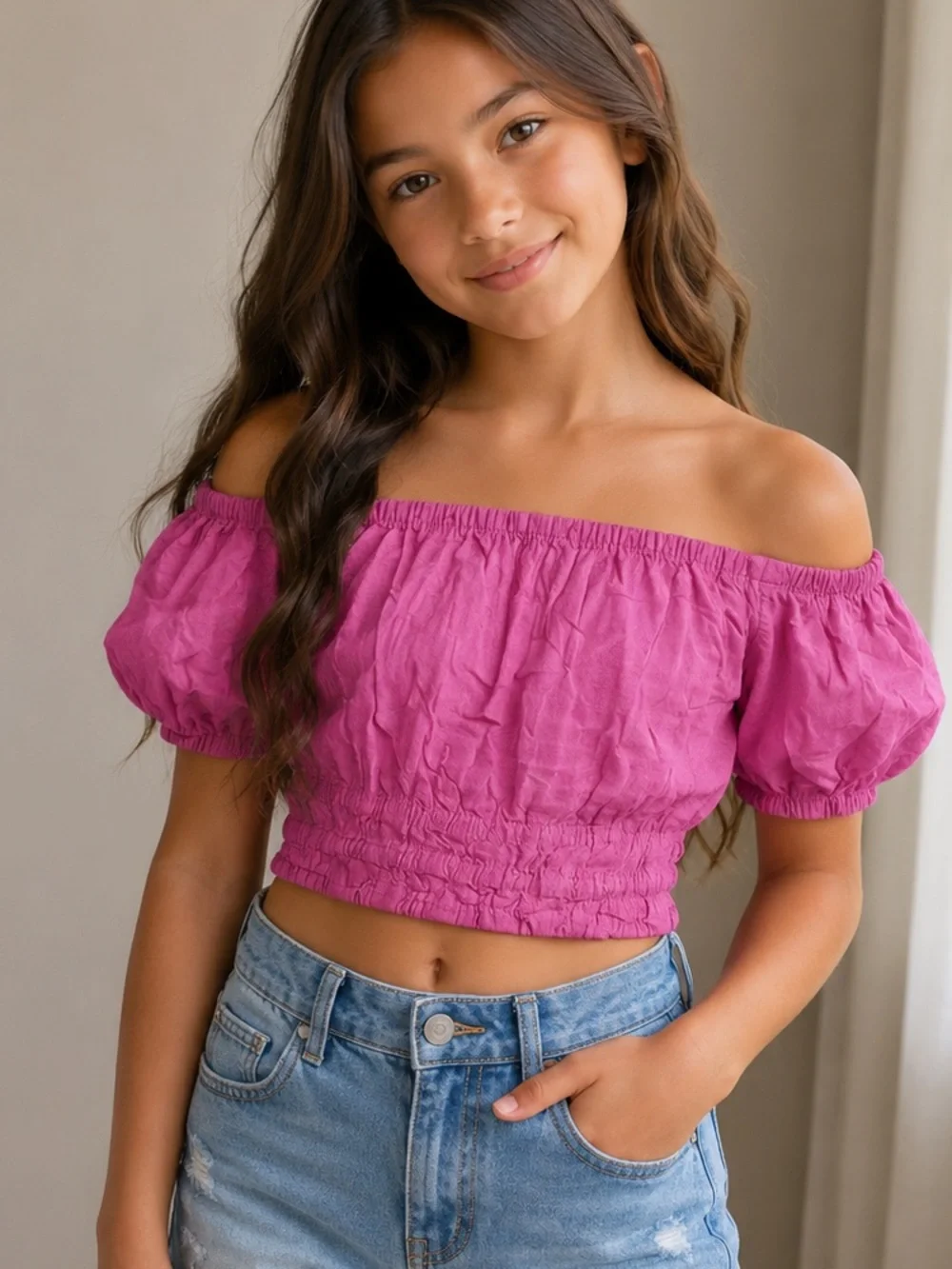 Old Navy Fuchsia Off-Shoulder Puff Sleeve Crop Top